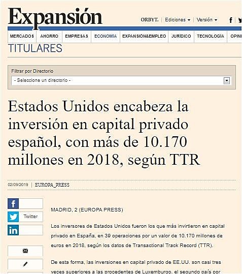 Estados Unidos encabeza la inversin en capital privado espaol, con ms de 10.170 millones en 2018, segn TTR